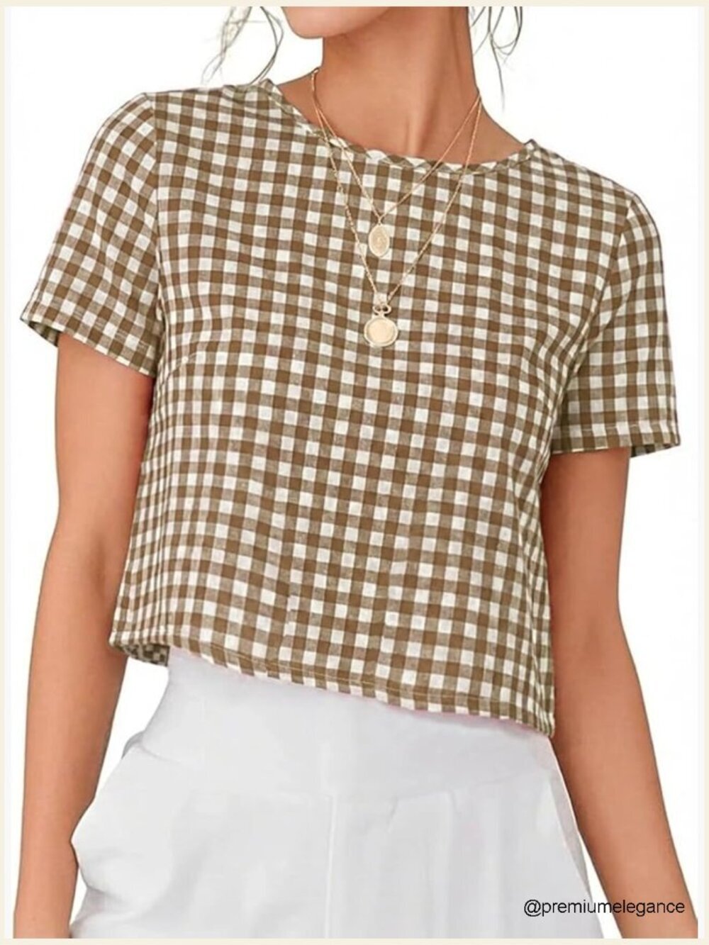 Womens Crop Gingham Shirt Short Sleeve Crewneck Cute Blouse Top